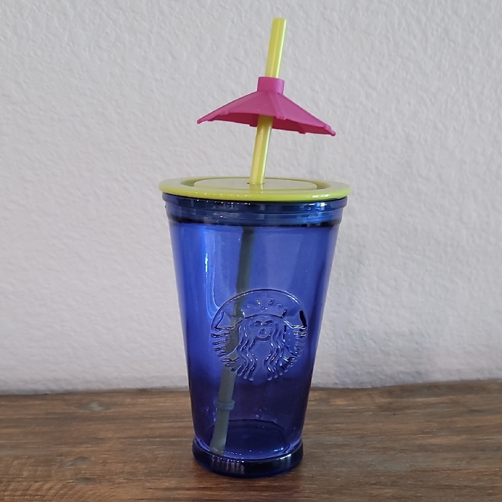 Starbucks Blue Tumbler with Pink Umbrella Straw